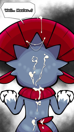 ambiguous_gender anthro black_background bodily_fluids claws cum cum_on_back cum_on_head dialogue fur genital_fluids gloves_(marking) grey_body grey_fur looking_away markings master nude rear_view simple_background solo speech_bubble text white_background white_body white_fur wide_hips canacrow nintendo pokemon generation_4_pokemon pokemon_(species) weavile 9:16 english_text hi_res