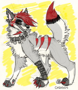 ambiguous_gender armor back_scar bandage bandaged_head black_nose blood blood_on_bandage bodily_fluids claws collar digitigrade dipstick_tail feral feral_with_hair fur grey_body grey_collar grey_fur grin hair hair_over_eye looking_at_viewer markings neck_scar notched_ear pink_inner_ear raised_tail red_claws red_hair red_scar red_tail_tip scar smile snout solo standing tail tail_markings vambrace white_body white_fur yellow_eyes blondefoxy chiodos canid canine canis mammal wolf 2008 colored_sketch full-length_portrait mixed_media portrait sketch