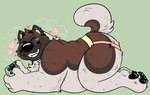 all_fours anthro black_body black_fur blush brown_body brown_fur butt clothing eyes_closed fur holding_nintendo_switch jockstrap male overweight overweight_male plantigrade solo underwear white_body white_fur campfire_donut nintendo nintendo_switch moose_(campfire_donut) akita canid canine canis domestic_dog mammal spitz 2021 hi_res