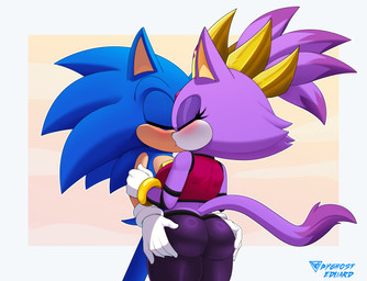 anthro blue_body bottomwear butt butt_focus clothed clothing crown duo eyes_closed female gloves hand_on_butt handwear headgear kissing male male/female pants purple_body ring tail tight_bottomwear tight_clothing topwear touching_butt byghosteduard sega sonic_the_hedgehog_(series) blaze_the_cat killer_queen_blaze sonic_the_hedgehog eulipotyphlan felid feline hedgehog mammal absurd_res hi_res