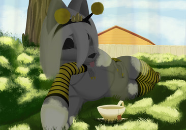 anthro building femboy grass house lying male on_side outside perspective plant solo sun tree delzagate felid mammal absurd_res hi_res