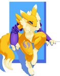 anthro armwear armwear_only blue_eyes breasts bridal_gauntlets bridal_gauntlets_only clothing dipstick_tail female fur leg_markings markings mostly_nude neck_tuft socks_(marking) solo tail tail_markings tuft wide_hips yellow_body yellow_fur banne bandai_namco digimon canid digimon_(species) mammal renamon absurd_res hi_res