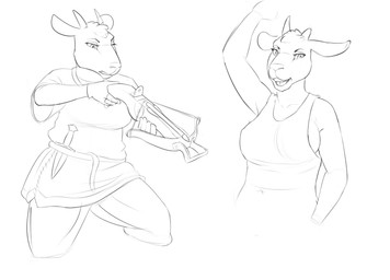 anthro arbalist clothed clothing crossbow dagger duo female holding_object holding_weapon horn melee_weapon ranged_weapon simple_background weapon white_background siyah astri bovid caprine goat mammal black_and_white line_art monochrome multiple_images sketch