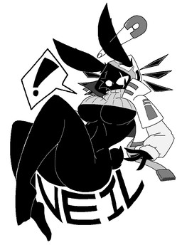 anthro barefoot big_breasts big_butt black_body black_fur black_tail bottomless breasts butt cheek_tuft clothed clothing exclamation_point eye_scar facial_scar facial_tuft feet female fingers fur grey_clothing grey_sweater grey_topwear hoodie mostly_nude safety_pin safety_pin_in_ear scar sleeves solo sweater tail text topwear tuft under_boob white_clothing white_hoodie white_topwear sabgong veil_(sabgong) lagomorph leporid mammal rabbit character_name monochrome