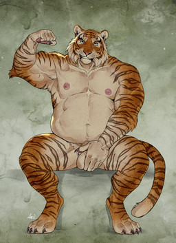 anthro arm_tuft balls claws covering covering_crotch elbow_tuft finger_claws flexing flexing_bicep fur genitals grin looking_at_viewer male musclegut muscular muscular_anthro muscular_male nipples nude nude_anthro nude_male orange_body orange_fur simple_background sitting smile solo stripes tail teeth textured_background toe_claws tuft whisker_spots whiskers white_body white_fur ama_dench_art felid mammal pantherine tiger 2026 absurd_res digital_media_(artwork) full-length_portrait hi_res portrait signature