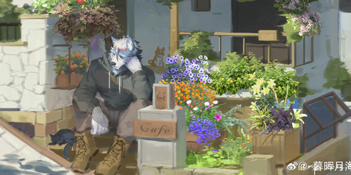 ambiguous_feral ambiguous_gender anthro black_nose blue_body blue_fur boots bottomwear brown_boots brown_bottomwear brown_clothing brown_footwear brown_pants clothed clothing feral flower footwear fur grey_clothing grey_hoodie grey_topwear group hair hoodie male male_anthro mouth_closed narrowed_eyes outside pants pink_eyes plant shoes short_hair shrub sitting solo_focus topwear white_body white_fur white_hair awaldkize canid canine domestic_cat felid feline felis mammal 2024 absurd_res dated hi_res signature