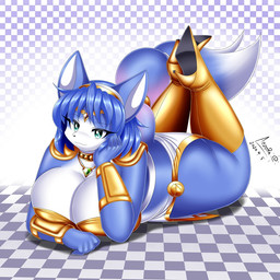anthro arm_support big_breasts black_nose blue_body blue_ears blue_hair blue_tail boots bottomwear breasts checkered checkered_background checkered_floor cleavage clothed clothing female footwear hair high_heeled_boots high_heels huge_breasts leaning_on_elbow loincloth looking_at_viewer lying on_front pattern_background shoes simple_background solo tail thick_thighs white_clothing aozora_(tasogare_aozora) nintendo star_fox krystal_(star_fox) canid canine fox mammal 1:1 2020 dated signature