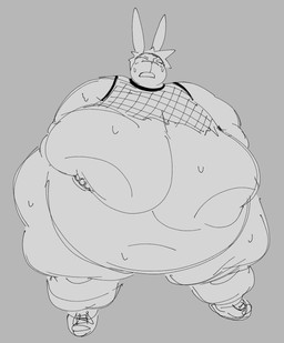 anthro areola belly big_breasts bodily_fluids breast_squish breasts clothing fishnet_clothing fishnet_topwear footwear grey_background holding_breast huge_breasts male morbidly_obese morbidly_obese_anthro morbidly_obese_male nipples obese obese_anthro obese_male one_eye_closed open_mouth overweight overweight_anthro overweight_male shoes simple_background sneakers solo squish standing sweat sweatdrop sweaty_belly sweaty_breasts topwear torn_clothing calebcorduroy desmond_(calebcorduroy) lagomorph leporid mammal rabbit greyscale hi_res monochrome busty_boy_(lore)