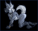 anthro blue_eyes breasts butt collar crawling ear_piercing female industrial_piercing muscular muscular_anthro muscular_female nipples nude piercing smile solo teeth krinkels cyera canid canine canis fox hybrid mammal wolf