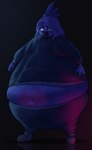 2023 anthro avian beak belly belly_expansion belly_inflation big_belly bird blue_body blue_feathers blue_hair blueberry_inflation body_inflation bottom_heavy chip_(chipchell) chipchell clothed clothing cockatoo expansion feathers female hair hi_res inflation looking_down navel parrot solo standing tracksuit wide_hips worried