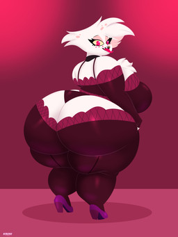 anthro belly big_belly big_breasts big_butt black_sclera breasts butt clothing eyelashes fat_legs feet female footwear fur hair high_heels huge_breasts huge_butt legwear looking_at_viewer looking_back looking_back_at_viewer obese overweight overweight_anthro pink_eyes pink_floor red_clothing red_wall shoes small_feet solo stockings thick_calves thick_thighs thigh_highs tongue tongue_out white_body white_fur white_hair yellow_sclera 878292_(artist) hazbin_hotel hellaverse angel_dust arachnid arthropod demon spider 2022 3:4 absurd_res full-length_portrait hi_res portrait male_(lore)