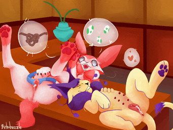anatomically_correct anatomically_correct_genitalia anatomically_correct_vulva bestiality bestiality_impregnation bestiality_pregnancy bodily_fluids bow_ribbon butt clitoral_hood clitoris cum digitigrade duo egg embarrassed excited excited_expression excited_female feet female feral feral_on_feral genital_fluids genitals happy heart_symbol hindpaw humanoid_genitalia humanoid_genitalia_on_feral humanoid_vulva humanoid_vulva_on_feral impregnation impregnation_kink knotting_symbol leaking leaking_cum leaking_pussy_juice leaking_vagina looking_at_viewer lying nipple_fetish nipple_play nipples on_back pawpads paws pokemon_daycare pregnant pregnant_female pregnant_feral presenting presenting_hindquarters presenting_vulva raised_leg ribbons smile speech_bubble spread_legs spread_vulva spreading sweat sweatdrop talking_to_viewer tired tired_eyes tying_rope vulva birbobuzzle nintendo pokemon tying_the_knot delcatty eeveelution generation_3_pokemon generation_6_pokemon pokemon_(species) sylveon 4:3 absurd_res hi_res