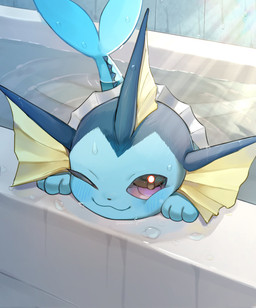 :3 ambiguous_gender bath bathtub blue_blush blue_body blue_lines blush cat_smile day feral fin frill_(anatomy) head_fin inside looking_at_viewer one_eye_closed partially_submerged purple_eyes smile smiling_at_viewer solo tail tail_fin water wet wet_body hokaimo_pkmn nintendo pokemon eeveelution generation_1_pokemon pokemon_(species) vaporeon colored digital_drawing_(artwork) digital_media_(artwork) hi_res shaded signature