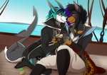 5_fingers anthro blue_eyes clothed clothing day detailed_background duo female fin fingers outside pirate sitting sky smile lycangel dirtyrenamon zoey_(dirtyrenamon) canid canine canis dobermann domestic_dog fish mammal marine pinscher shark 2020 digital_media_(artwork)