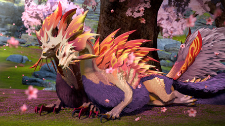 arm_tuft blurred_background cherry_blossom chest_tuft claws crossed_legs day detailed_background duo elbow_tuft eyes_closed facial_scar feral fin flower fluffy fluffy_tail fur grass laying_on_another leg_tuft long_claws lying male multicolored_body multicolored_scales notched_fin on_front on_side outside pink_body pink_scales plant prunus_(flower) purple_body purple_fur rock scales scar tail tail_tuft teeth tree tuft white_body white_scales ivorylagiacrus capcom monster_hunter leviathan_(mh) mizutsune scalie soulseer_mizutsune 16:9 2026 3d_(artwork) 4k absurd_res blender_(artwork) blender_cycles_(artwork) digital_media_(artwork) hi_res widescreen