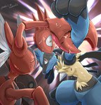 2022 3_fingers ambiguous_gender anthro blue_body blue_fur bodily_fluids chest_spike cracked duo featureless_crotch fight fingers fur generation_2_pokemon generation_4_pokemon gloves_(marking) hi_res katkichi lucario markings multicolored_body multicolored_fur nintendo open_mouth pokemon pokemon_(species) pupils red_body red_eyes scizor shocked_expression signature spikes spikes_(anatomy) sweat sweatdrop two_tone_body two_tone_fur white_body wounded yellow_eyes