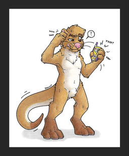 anthro border brown_body brown_eyes brown_fur confusion crotch_fur digivice eyebrow_through_hair eyebrows fluffy fluffy_chest fur grey_border hair head_tuft imminent_transformation male pink_nose question_mark scratching_head simple_background solo tail tan_body tan_fur tongue tongue_out translucent translucent_hair tuft whiskers white_background white_body white_fur danwolf15 bandai_namco digimon mammal mustelid otter hi_res