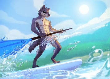 abs anthro biceps biped censored_genitalia censored_penis erection eyewear forest forest_background fur genitals grey_body grey_fur hair ineffective_censorship looking_at_viewer male muscular muscular_anthro muscular_male naturally_censored nature nature_background nude nude_anthro nude_male outside paddleboard pecs penis pink_penis plant simple_background smile smiling_at_viewer smirk smirking_at_viewer solo splashing_water standing sunglasses tail tan_underbelly tree water dustfinity chopdav canid canine canis mammal 2025 censored digital_media_(artwork) hi_res shaded