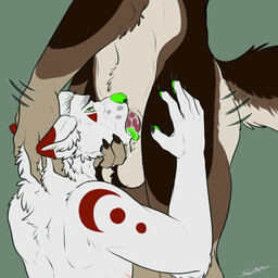 anthro anthro_on_anthro anthro_penetrated anthro_penetrating anthro_penetrating_anthro ball_tuft balls bodily_fluids brown_body brown_fur claws cum cum_in_mouth cum_inside deep_throat drinking drinking_cum duo ejaculation erection faceless_character faceless_male fellatio fur genital_fluids genitals green_eyes green_nose green_tongue hand_behind_head hand_under_chin knotting male male/male nude oral oral_knotting oral_penetration penetration penile penis_in_mouth sex simple_background sucking tail tongue tuft white_body white_fur sweetbitters canid canine canis mammal wolf 1:1 2022 absurd_res hi_res signature