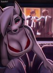 5_fingers anthro bedroom_eyes big_breasts black_nose blurred_background bottomwear bra bra_peek breasts car cleavage clothed clothing curvy_figure detailed_background duo eyebrow_piercing eyebrow_ring eyebrows faceless_character faceless_male facial_piercing female fingers first_person_view fur grey_body grey_fur hair half-closed_eyes imminent_fellatio imminent_oral imminent_sex inside inside_car looking_at_viewer male male/female movie_theater multicolored_body narrowed_eyes offscreen_male pants piercing police red_bra red_clothing red_sclera red_underwear ring_piercing seductive shirt smile solo_focus suit tank_top topwear two_tone_body underwear vehicle weapon white_body white_clothing white_eyes white_fur white_hair white_topwear aozee helluva_boss mythology pulp_fiction loona_(helluva_boss) canid canid_demon canine canis demon domestic_dog hellhound mammal mythological_canine mythological_creature wolf 2022 digital_media_(artwork) hi_res shaded