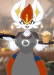 anthro apron beverage breasts buckteeth clothing female fish_and_chips food fries front_view jewelry necklace open_mouth open_smile root_beer smile soda solo teeth zilikslider nintendo pokemon cinderace generation_8_pokemon lagomorph leporid mammal pokemon_(species) rabbit 2025 hi_res