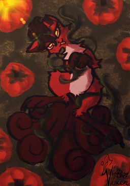 :3 bird's-eye_view detailed_background feral food fruit fur high-angle_view lying on_back open_mouth open_smile plant pumpkin red_body red_fur smile solo yellow_eyes wispyvixen nintendo pokemon tasha_maybreak canid canine fox generation_1_pokemon mammal pokemon_(species) vulpix 2023 hi_res female_(lore)