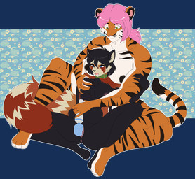 5_fingers anthro anthro_on_anthro black_hair breasts countershade_fur countershade_tail countershading dipstick_tail duo female female/female fingers fur genitals hair interspecies markings pink_hair sex_toy striped_body striped_fur stripes tail tail_markings vibrator vulva wand_vibrator munkeesgomu ailurid felid mammal pantherine red_panda tiger alpha_channel hi_res