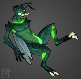 2_toes 4_fingers antennae_(anatomy) claws erection exoskeleton feet fingers genitals glowing glowing_genitalia green_body grey_background lounging male multi_eye open_mouth ovipositor ovipositor_penis penis presenting presenting_penis sharp_teeth simple_background sitting solo spikes spikes_(anatomy) teeth teeth_showing toes tusks wings funnybat fan_character arthropod insect 2021 digital_drawing_(artwork) digital_media_(artwork) shaded
