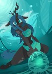 anthro black_body blue_hair clothed clothing hair horn midriff solo hydrabb friendship_is_magic hasbro my_little_pony queen_chrysalis_(mlp) arthropod changeling 2021 absurd_res blue_theme digital_media_(artwork) hi_res lineless signature