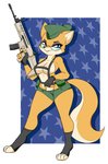 anthro bad_trigger_discipline blue_eyes bottomwear breasts clothed clothing eyewear female fingerless_gloves fn_scar glasses gloves gun handwear harness hat headgear headwear holding_object holding_weapon hotpants military partially_clothed ranged_weapon shorts skimpy solo star tactical_gear weapon hidden-cat sek_studio squirrel_and_hedgehog lt._fox_vixen canid canine fox mammal hi_res