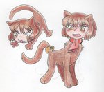 alternate_species blush chibi feral feral_with_hair hair humanoid_face looking_at_viewer male paws pounce quadruped scarf short_hair simple_background solo standing tail teochronico 07th_expansion ciconia_when_they_cry when_they_cry miyao_mitake domestic_cat felid feline felis mammal 2023 hi_res traditional_media_(artwork)