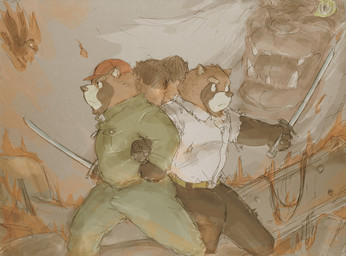 anthro biped bottomwear brown_body clothing duo fire hat headgear headwear kemono melee_weapon outside pants shirt slightly_chubby sword topwear weapon takakei1 canid canine mammal raccoon_dog tanuki 2024