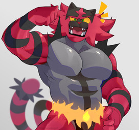 abs anthro barazoku biceps big_muscles big_pecs black_clothing black_speedo black_swimwear bottomwear bulge clothing flexing flexing_bicep fur green_eyes grey_body grey_fur hand_on_hip looking_at_viewer male muscular muscular_anthro muscular_arms muscular_male obliques open_mouth pecs red_body red_fur sharp_teeth simple_background solo speedo standing striped_body stripes swimwear tail teeth white_background yellow_sclera denmakug0 nintendo pokemon felid generation_7_pokemon incineroar mammal pantherine pokemon_(species) tiger 2024 absurd_res digital_drawing_(artwork) digital_media_(artwork) hi_res