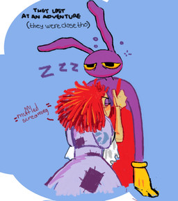 alternative_fashion anthro black_eyes blue_clothing blue_dress clothed clothing doll dress duo eyebrows eyelashes female fur gloves hair handwear j-fashion lolita_(fashion) long_ears male overalls purple_body purple_ears purple_fur rag_doll_(toy) red_clothing red_hair red_overalls sweet_lolita tan_body text yellow_clothing yellow_gloves yellow_handwear yellow_sclera light-koe-pinsky glitch_productions the_amazing_digital_circus jax_(tadc) ragatha_(tadc) animate_inanimate humanoid lagomorph leporid living_doll living_toy mammal rabbit english_text hi_res