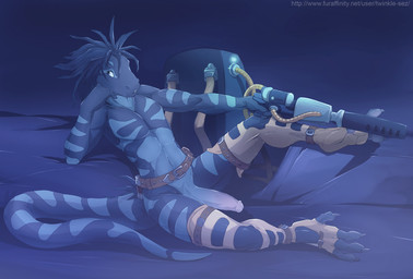 anthro backpack belt biped blue_hair claws clothed clothing erection genitals gun hair humanoid_genitalia humanoid_penis looking_at_viewer lying male markings penis pose ranged_weapon sitting skimpy solo spread_legs spreading tail text tube weapon twinkle-sez lizard reptile scalie blue_theme cool_colors digital_media_(artwork) pinup url
