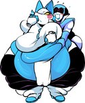 anthro belly_grab big_breasts blue_body blush bodily_fluids breasts clothed clothing duo eyelashes female floating_hands machine morbidly_obese morbidly_obese_anthro morbidly_obese_female obese obese_anthro obese_female open_mouth overweight overweight_anthro overweight_female simple_background sweat sweatdrop text thick_thighs white_background wide_hips yellow_eyes cloudboyo deltarune undertale_(series) queen_(deltarune) tasque_manager darkner felid feline humanoid mammal robot absurd_res english_text hi_res