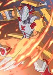 anthro armor claws finger_claws fire green_eyes grey_armor hair horn orange_body red_hair solo yellow_armor amasaki bandai_namco digimon digimon_(species) wargreymon 2021 hi_res signature