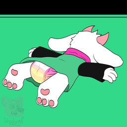 3_toes 4_fingers ambiguous_gender anthro bodily_fluids clothing diaper feet fingers floppy_ears fur genital_fluids head_horn heart_symbol horn logo lying multicolored_clothing multicolored_shirt multicolored_topwear on_front pawpads pink_horn pink_pawpads pink_scarf scarf shirt solo striped_diaper text toes topwear two_tone_clothing two_tone_shirt two_tone_topwear unclean_diaper urine used_diaper wet_diaper white_body white_fur shadyadi deltarune undertale_(series) ralsei bovid caprine darkner goat mammal 1:1 2021 artist_logo artist_name flat_colors full-length_portrait hi_res portrait signature male_(lore)