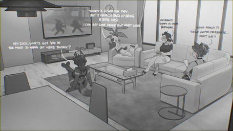 anthro biped bottomwear breasts butt clothed clothing detailed_background dialogue electronics female furniture group inside sitting sofa television text topwear sincrescent canid canine mammal hi_res