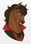 ambiguous_gender blue_eyes brown_body brown_hair brown_mane clothing eyebrows fangs feral hair mane simple_background solo teeth jenery dolero equid equine horse mammal 2022 bust_portrait digital_media_(artwork) hi_res portrait