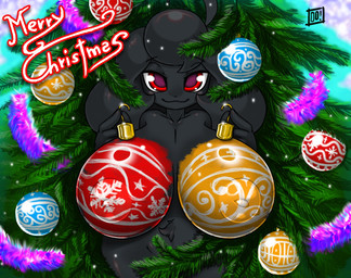 ahoge anthro big_breasts black_body black_fur black_hair black_nose breasts christmas_decorations christmas_tree convenient_censorship female floppy_ears front_view fur hair holidays huge_breasts huge_ears inverted_nipples looking_at_viewer lop_ears nipple_outline nipples nude paint_on_breasts plant red_eyes smile solo thick_thighs tree wide_hips do!_games bunny_hunter_(do!_games) christmas yin_(bunny_hunter) lagomorph leporid mammal rabbit