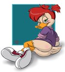 accessory anthro bedroom_eyes blush bottomless bottomless_female butt clothed clothing feathers female footwear hair hair_accessory looking_at_viewer narrowed_eyes pigtails red_hair seductive shirt shoes socks solo tail topwear young young_anthro sean_blackthorne darkwing_duck disney ducktales gosalyn_mallard anatid anseriform avian bird duck