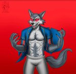 abs anthro athletic athletic_male claws clothed clothing fangs jacket male multicolored_clothing multicolored_jacket multicolored_topwear muscular obliques open_clothing open_shirt open_topwear pecs red_eyes shirt solo teeth topwear nliiz beastars shin_megami_tensei_v legoshi_(beastars) loup-garou_(megami_tensei) canid canine canis mammal wolf hi_res