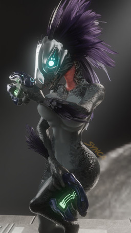 3_fingers anthro arm_feathers arm_over_breasts arm_tuft armor avian_caruncle blue_eyes breasts covering covering_breasts covering_crotch covering_self dual_wielding feather_hair feathered_crest feathers female fingers glowing glowing_eyes grey_body grey_scales gun hand_bikini head_crest headgear headgear_only helmet helmet_only holding_gun holding_object holding_ranged_weapon holding_weapon mostly_nude mostly_nude_anthro mostly_nude_female non-mammal_breasts open_mouth penetration plasma_pistol pseudo_hair purple_body purple_feathers ranged_weapon scales sharp_teeth teeth tuft weapon synca pickle_juice_(modeler) halo_(series) microsoft xbox_game_studios sil_ver alien avian kig-yar scalie t'vaoan 3d_(artwork) 9:16 digital_media_(artwork) hi_res