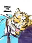 anthro bodily_fluids clothing drooling eyes_closed eyewear glasses kemono male necktie saliva shirt sleeping solo tongue tongue_out topwear daich felid mammal pantherine tiger 3:4 hi_res