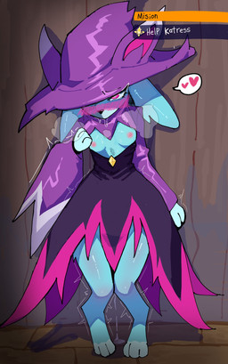 anthro aroused bedroom_eyes black_clothing black_dress black_nose blue_body blush blush_lines bodily_fluids breasts clothing dress drooling female genital_fluids hat headgear headwear in_heat looking_at_viewer narrowed_eyes nipples pink_eyes purple_clothing purple_hat purple_headwear saliva seducing_viewer seductive solo steamy_breath vaginal_fluids wizard_hat notgeerux palworld pocketpair katress pal_(species) absurd_res hi_res