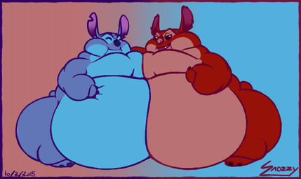 ambiguous_gender blue_body border duo eyes_closed gradient_background morbidly_obese notched_ear obese open_mouth open_smile overweight purple_border red_body simple_background small_tail smile tail snozzy disney lilo_and_stitch leroy_(lilo_and_stitch) stitch_(lilo_and_stitch) alien experiment_(lilo_and_stitch) 2015 digital_drawing_(artwork) digital_media_(artwork) signature