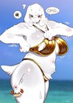 anthro areola bikini biped bodily_fluids breasts clothing detailed_background dialogue eyebrows eyelashes female fur gold_bikini navel short_tail solo speech_bubble sweat swimwear tail text two-piece_swimsuit white_body white_fur white_tail sirn_0121 golden_week undertale_(series) toriel boss_monster_(undertale) bovid caprine goat mammal hi_res