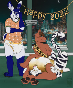 4_toes anthro biped black_body black_fur black_nose black_pawpads blue_body blue_eyes blue_fur brown_body brown_fur brown_hair claws clothed clothing dialogue diaper diaper_sniffing eyes_closed facesitting feces feet fur group hair holidays male multicolored_body multicolored_fur open_mouth pawpads pink_nose sharp_teeth sitting sitting_on_another smile sniffing soiled_diaper soiling striped_body striped_fur stripes teeth text toe_claws toes two_tone_body two_tone_fur unclean_diaper used_diaper wearing_diaper white_body white_fur yellow_eyes bottlebear new_year jamrobeprom ryuu_the_tiger canid canine canis domestic_dog felid lagomorph leporid mammal pantherine rabbit tiger 2021 5:6 absurd_res digital_drawing_(artwork) digital_media_(artwork) english_text hi_res