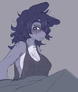 anthro areola_outline bed_sheet bedding big_breasts black_clothing black_shirt black_tank_top black_topwear blue_body blue_ears blue_eyes blue_fur blue_hair bodily_fluids breasts chest_tuft clothed clothed_anthro clothed_female clothing countershade_fur countershade_torso countershading female female_anthro fur hair mouth_closed nipple_outline shirt simple_background sitting sleeveless_shirt solo sweat tank_top topwear translucent translucent_clothing translucent_shirt translucent_topwear tuft white_sclera puppy_in_space mini_(puppy_in_space) canid canine canis domestic_dog mammal 2025 digital_drawing_(artwork) digital_media_(artwork) half-length_portrait portrait